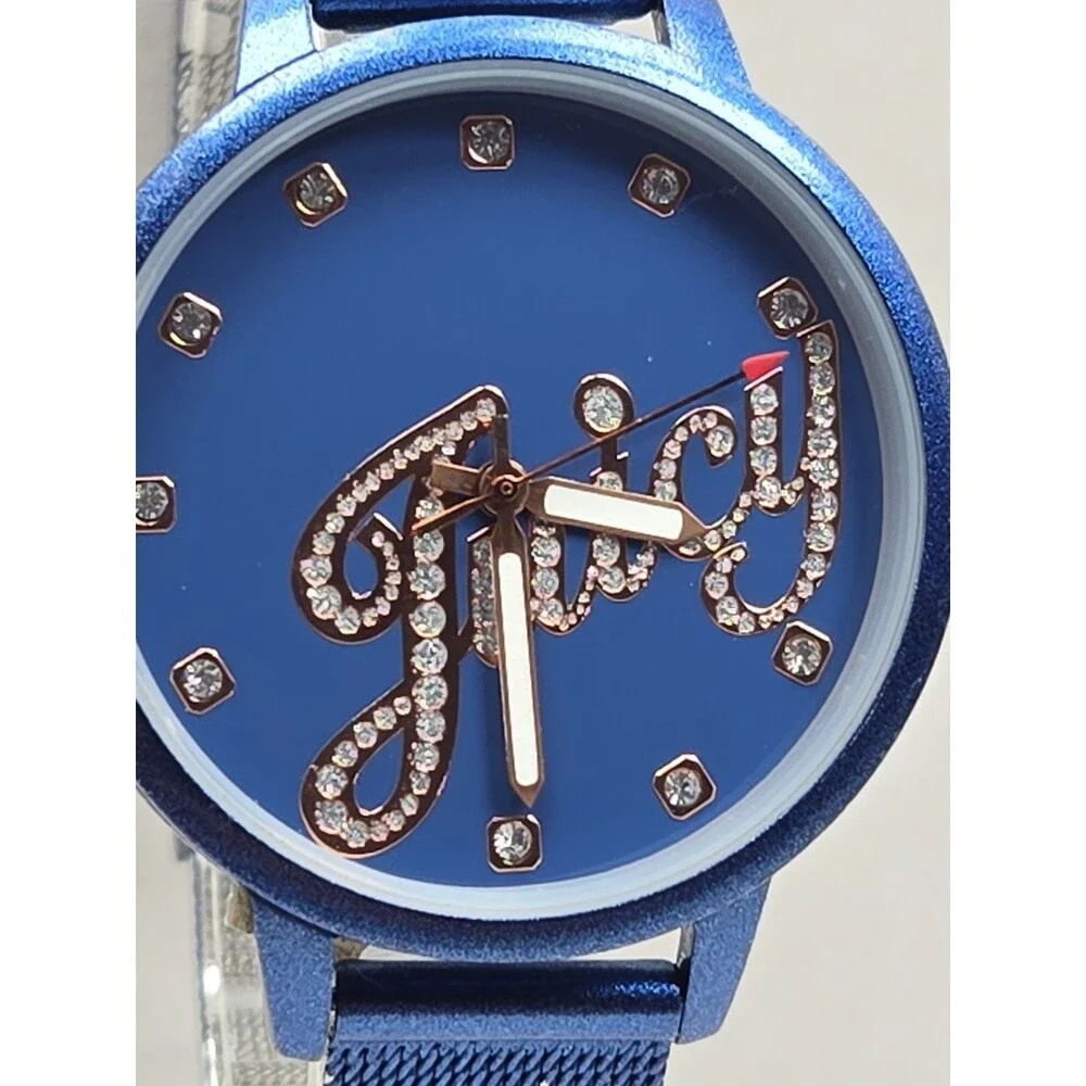 Juicy Couture Black Label Womens Blue Rose Gold Crystal Mesh Watch New Battery